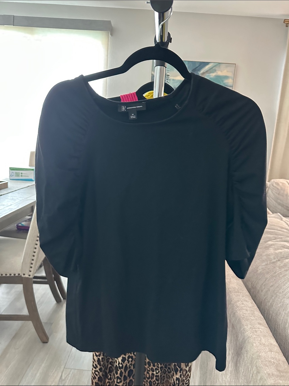 I.N.C  Black Ruched Short Sleeve Crew Top
